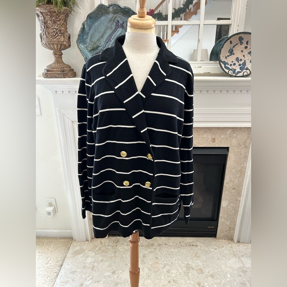 NWT Anne Klein Black and White Striped Sweater with Gold Buttons